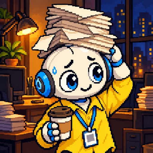 junagent with a stack of papers on his head and a coffee that is not his
