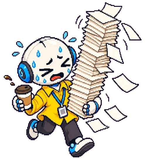 junagent running with a taller stack, eyes shut, papers everywhere